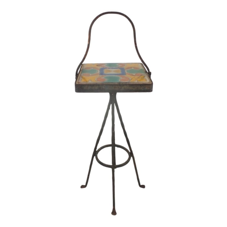 California Mission Catalina Tile, Iron Smoke Stand: California Mission Catalina Tile and Wrought Iron Smoke Stand. Unsigned. Measures 28" x 9" x 9" Condition: Good antique condition, wear consistent with age and use. Estimate 200 - 400 Domestic