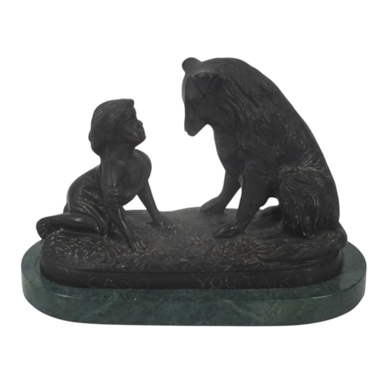 G Ferrad Bronze Sculpture "Can't You Talk?": G Ferrad (20th C) Bronze Sculpture "Can't You Talk?". Depicts and little girl and a dog. On green marble base. Titled and signed. Measures 5-1/2" H x 7-1/2" L. Condition: Good condition. Estimate 100
