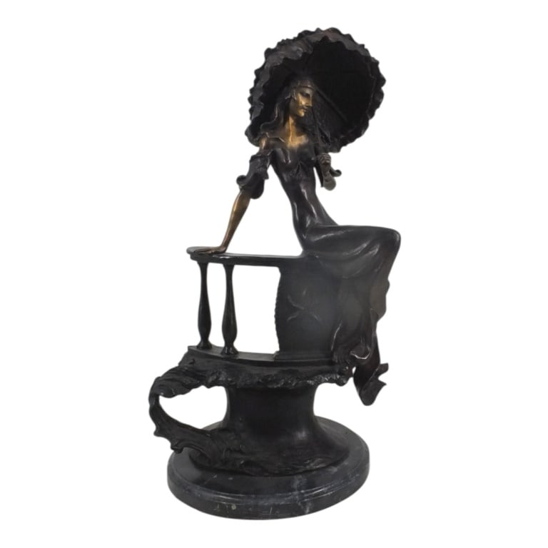 Louis Icart (1888 - 1950): Louis Icart, French (1888 - 1950) "Lady with Umbrella" Bronze Sculpture. Signed. Overall measures 22-1/2" x 13-1/4" x 10-1/2". Condition: Good condition. Estimate 300 - 600 Domestic shipping Third