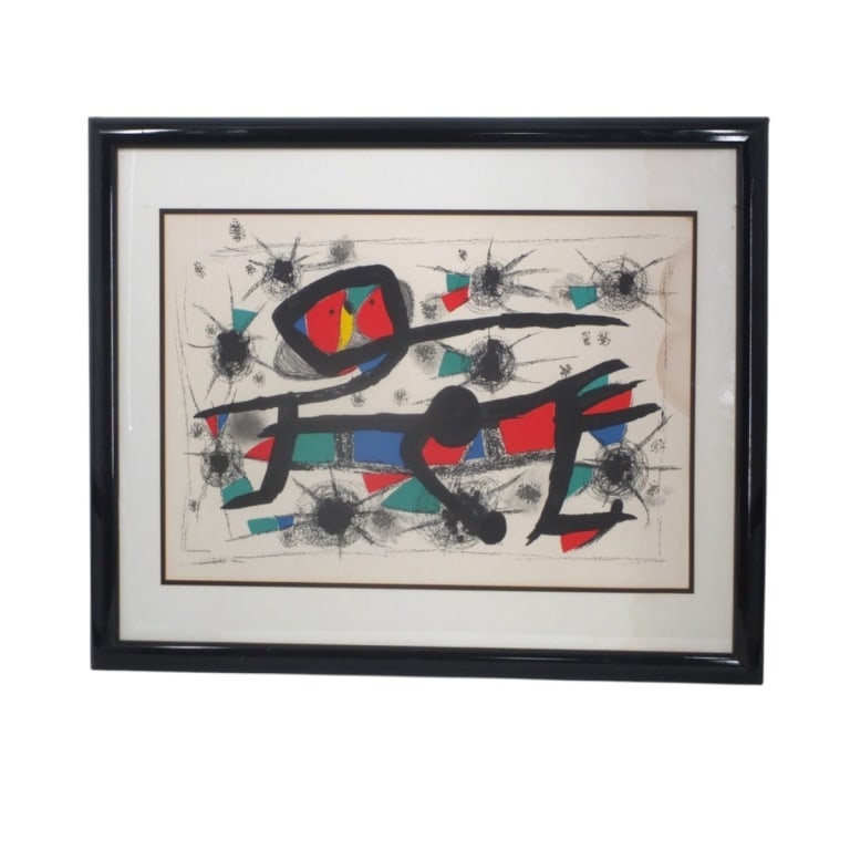 After: Joan Miro (1893 - 1983): After: Joan Miro, Spanish (1893 - 1983) "Peinture" Lithograph on Paper. Unsigned. Sight measures 19" x 27". Frame measures 29-1/2" x 35". Condition: Soiling to the top right margin Estimate 150 - 350