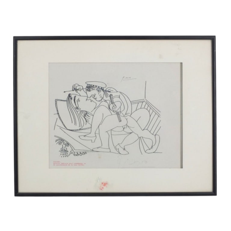 Pablo Picasso, Spanish (1881-1973): Pablo Picasso, Spanish (1881-1973) "Erotic Scene" Lithograph, bears pencil signature lower right, signed in plate top right, special edition for the 80th anniversary of the Eiffel Tower. Sight measure