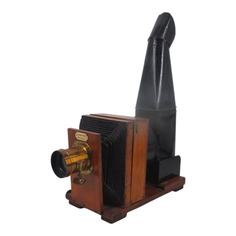 Antique English Magic Lantern Projector, Lancaster: Antique English Magic Lantern Projector. Signed J Lancaster & Son, Birmingham. Comprised of wood and painted metal. Measures 24" x 18" x 7-1/4" assembled, the 13" top cone can be lifted off for storag
