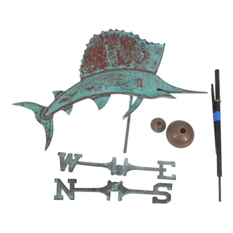 Vintage Copper "Sailfish" Weathervane: Vintage Copper "Sailfish" Weathervane. Unsigned. The fish measures 31" L x 12" H (not including pole) Condition: Natural patina and wear from use, good condition. Estimate 200 - 400 Domestic shipping