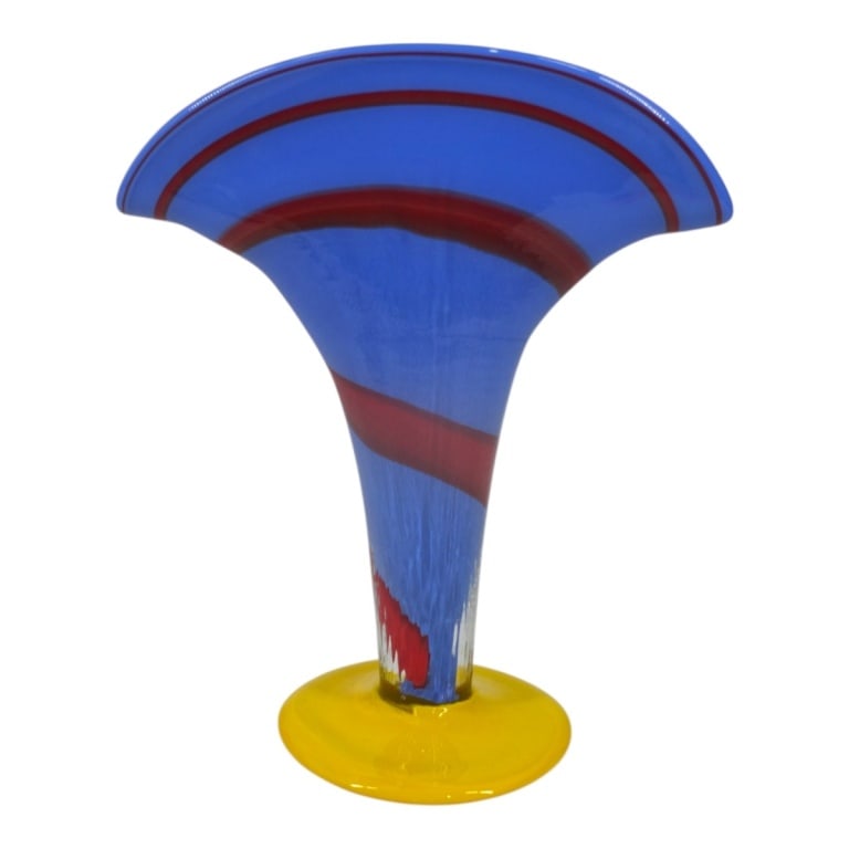 Post-Modern Studio Art Glass Fan Vase: Post-Modern Studio Glass Fan Vase. Unsigned. Measures 12" H x 10-1/4" W. Condition: Good condition. Estimate 100 - 1000 Domestic shipping Third Party