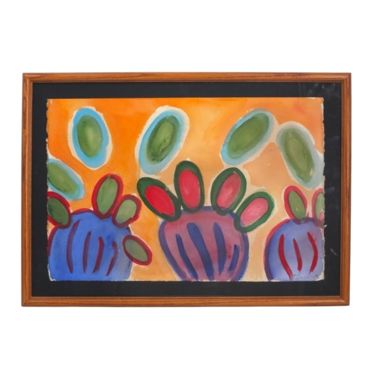 Vintage Signed Watercolor on Paper "Prickly Pear": Vintage Watercolor on Paper "Prickly Pear". Signed lower right. Framed and presented under glass screen. Full sheet measures 15" x 22-1/2", frame measures 19-1/4" x 27". Condition: Good condition. Est