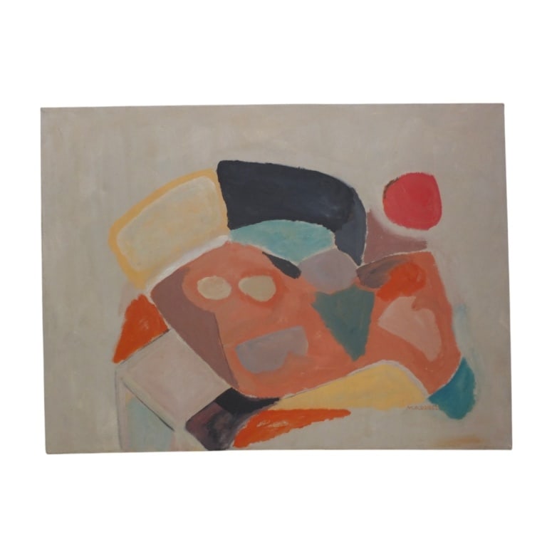 Modern Abstract Oil on Canvas Signed M. Alvarez: Modern Abstract Oil on Canvas "Untitled" Signed M. Alvarez lower right (possibly Mabel Alvarez, American, 1895-1985) Unframed. Measures 23-1/2" x 31-1/2". Condition: Good condition. Estimate 100 -