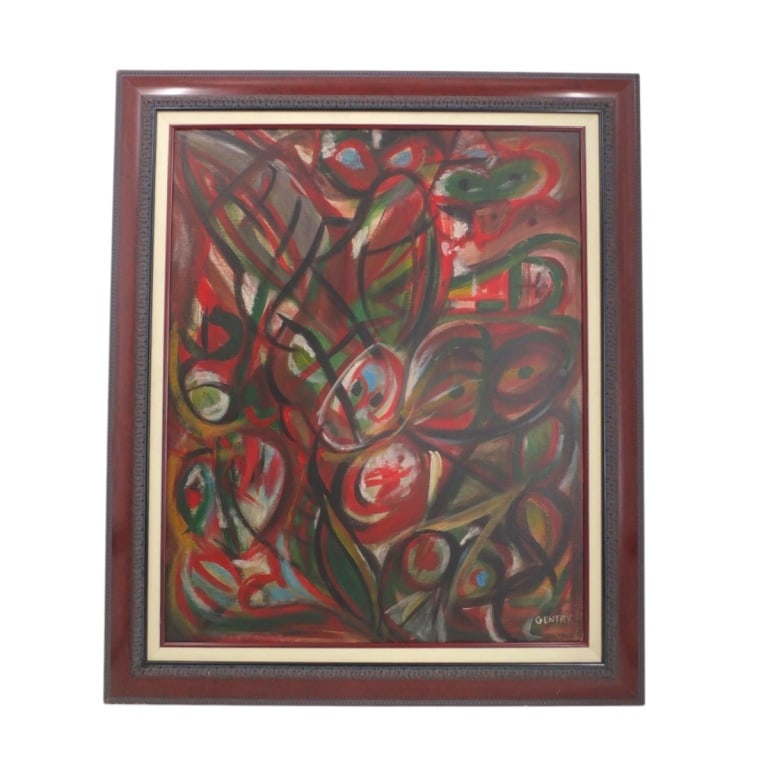 Large Oil on Canvas "Abstract" Signed Gentry: Large Oil on Canvas "Abstract" Signed lower right Gentry (possibly Herbert Gentry, American, 1919-2003) Measures 32" x 26", frame measures 39-1/4" x 33-1/2". Condition: Good condition. Estimate 100 -