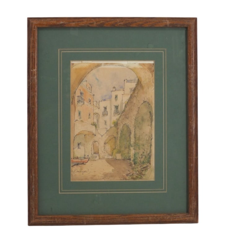 Watercolor/Ink "European Street" Signed L. Moyse: Vintage Watercolor and Ink "European Street". Signed lower left: L. Moyse (possibly Leon Moyse, 1873-1955) Framed and presented under glass screen. Measures 10-1/2" x 7-1/2" (sight), frame measures