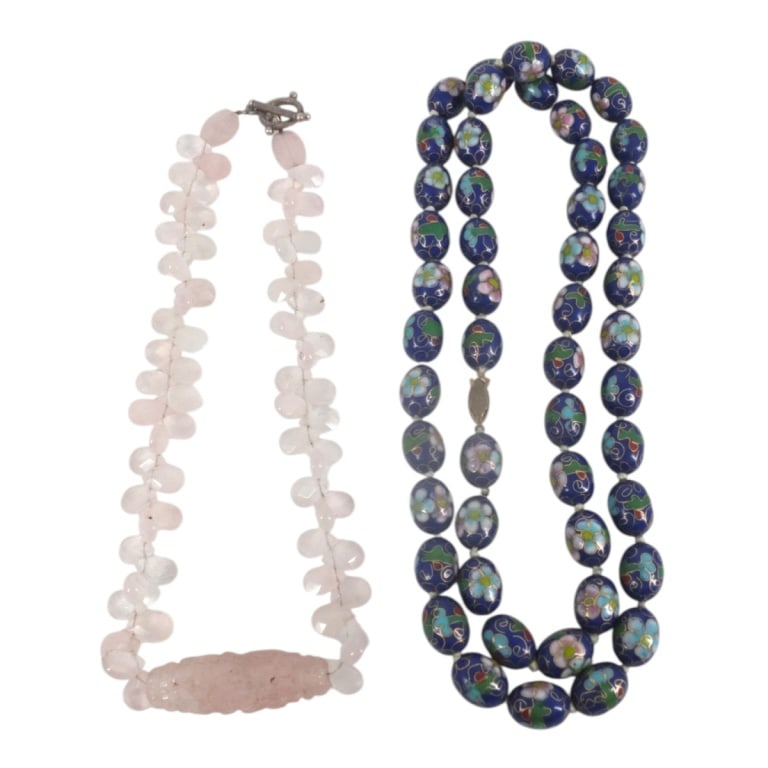 VTG Cloisonne Bead & Carved Quartz Necklaces (2): Vintage Cloisonne Bead & Carved Quartz Necklaces (2). Unmarked. Measures 34" and 16". Condition: Good condition. Estimate 100 - 1000 Domestic shipping Third Party