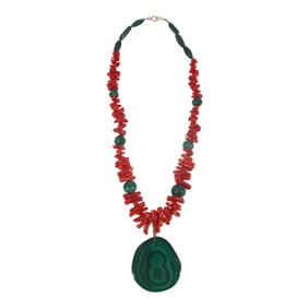Vintage Red Branch Coral & Malachite Necklace