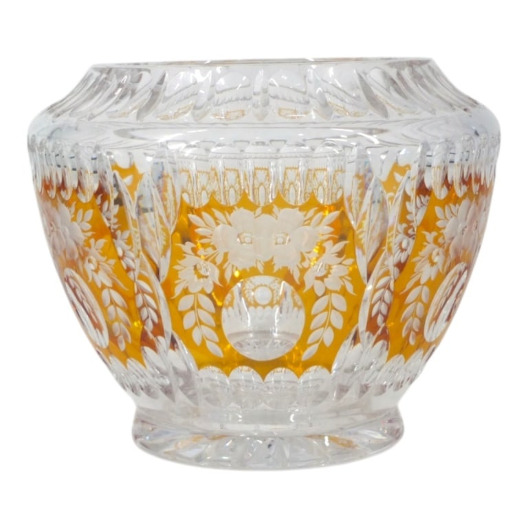 Czech Bohemian Amber Cut-To-Clear Crystal Bowl: Large and Heavy Czech Bohemian Amber Cut-To-Clear Crystal Bowl. Unsigned. Measures 7-1/2" H x 9" W. Estimate 200 - 400 Domestic shipping Third Party