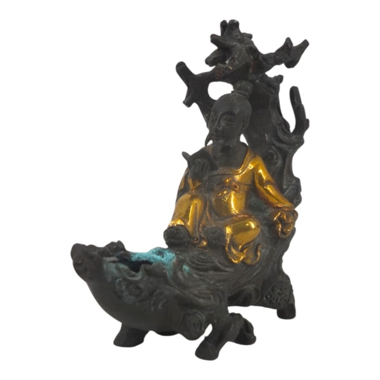 Vintage Chinese Gilt Bronze Figure Scholar Reading: Vintage Chinese Gilt Bronze Figure "Scholar Reading In a Tree". Unsigned. Measures 5-3/4" H x 6" L. Condition: Oxidation spots or in good condition consistent with age and storage. Estimate 150 - 250