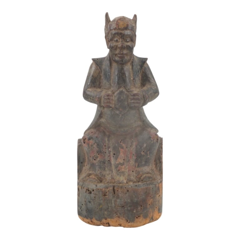 Very Old Japanese Carved Wood Deity Figure: Very Old Japanese Carved Wood Deity Figure. Unsigned. Measures 10" H. Condition: Wear, rubbing, insect damage, condition consistent with age. Estimate 100 - 1000 Domestic shipping Third Party