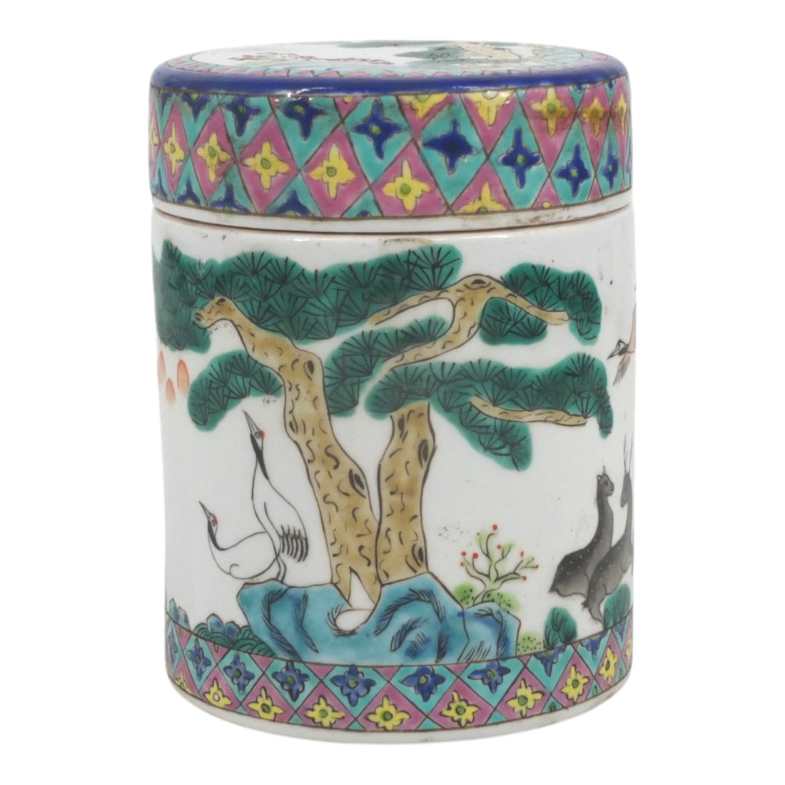Vintage Chinese Doucai Porcelain Tea Caddy: Vintage Chinese Porcelain Tea Caddy. Decorated in continuous landscape motif. Stamped on bottom. Measures 6" x 4-1/2". Condition: Good condition. Estimate 100 - 300 Domestic shipping Third Party