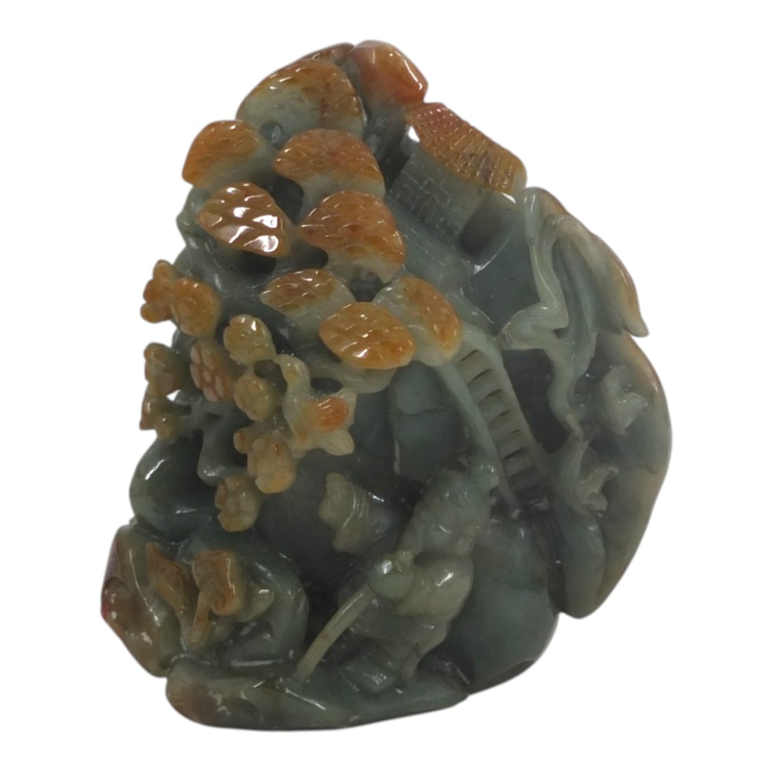 Vintage Chinese Carved Jade, Landscape with Figure: Vintage Chinese Carved Hetian? Green and Russet Jade Sculpture, Landscape with Figure. Unsigned. Measures 4-3/4" H. Condition: Good condition. Estimate 150 - 350 Domestic shipping Third Party