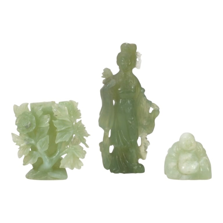 3 Vintage Chinese Jade Decorative Objects: 3 Vintage Chinese Jade Decorative Objects. Group includes a Guan Yin figure 7-3/4" H; a floral urn (no top) 4-1/4" x 4-1/2"; a seated Buddha 2-1/2" x 3". The guan Yin has some markings on bottom, the