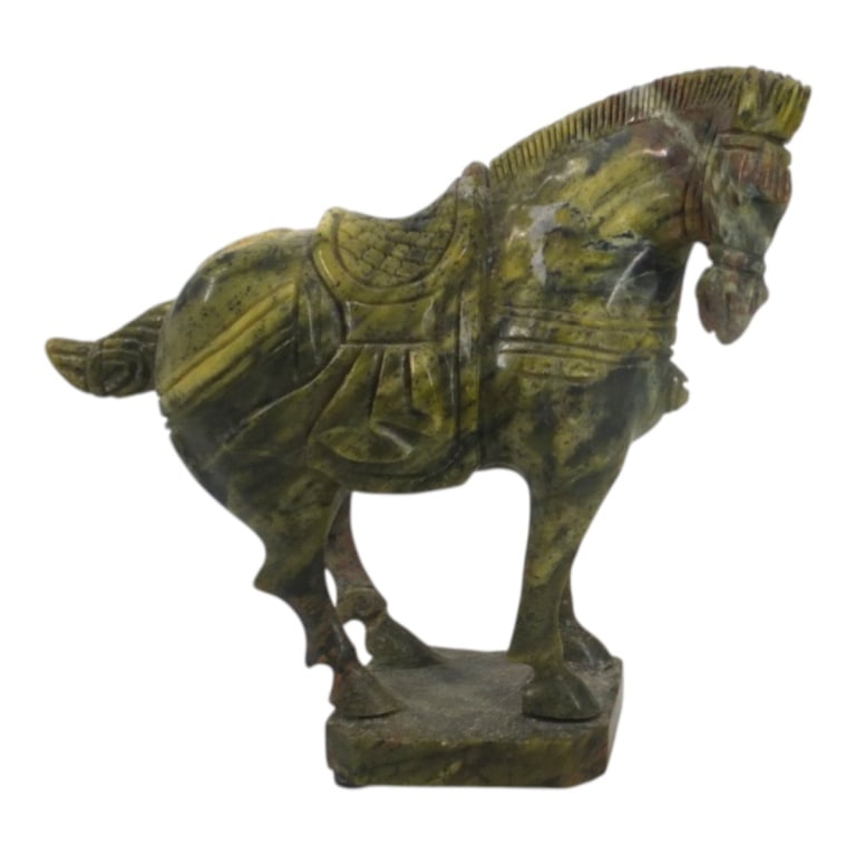 Vintage Chinese Carved Jade Tang Horse Sculpture: Vintage Chinese Carved Jade Tang Horse Sculpture. Unsigned. Measures 8-1/2" x 9-3/4" L. Condition: Good condition consistent with age and storage. Estimate 100 - 300 Domestic shipping Third Party