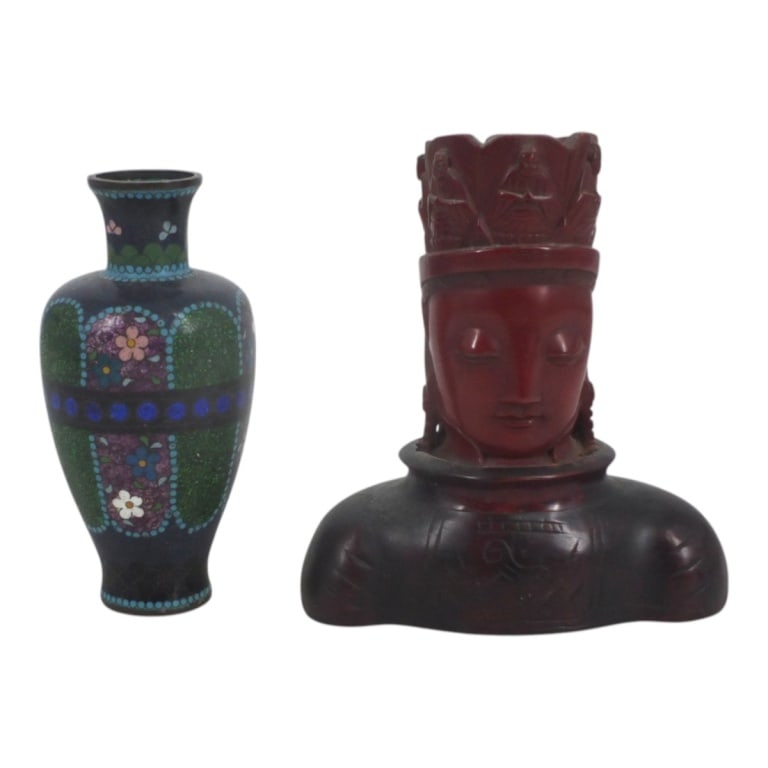 Chinese Lacquer Ware Guan Yin Bust, Cloisonne Vase: 2 Piece Chinese Decorative Lot. Includes: Lacquer Ware Guan Yin Bust, 6-1/2" x 6", Cloisonne Vase 6". Condition: Good condition consistent with age, display and storage. Estimate 80 - 160 Domestic