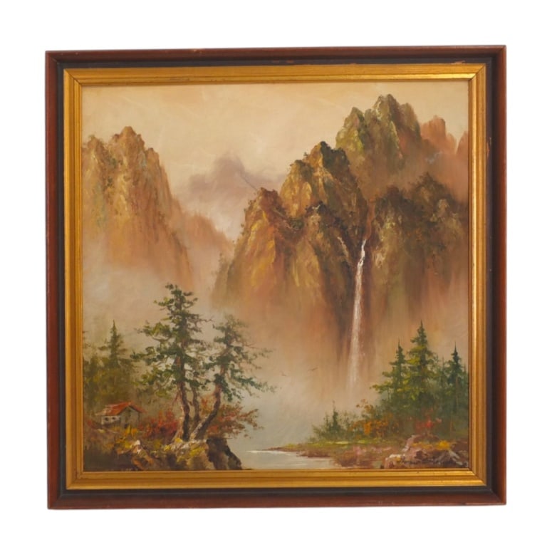 After Thomas Garside Oil/Canvas Mountain Landscape: After: Thomas Garside, Canadian (1906-1980) Oil on Canvas "Mountain Landscape". Signed lower right. Measures 18" x 18", frame measures 20-1/2" x 20-1/2". Condition: Good condition. Estimate 100 - 300
