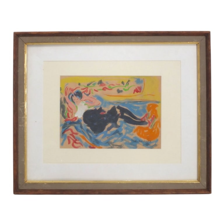 Vintage Watercolor "Abstract" Signed EL Kirchner: Vintage Watercolor on Paper "Abstract". Signed E.L. Kirchner (German 1880-1938) lower right. Framed and presented under glass screen. Measures 8" x 11-1/2" (sight), frame measures 18-1/4" x 22-1/4".