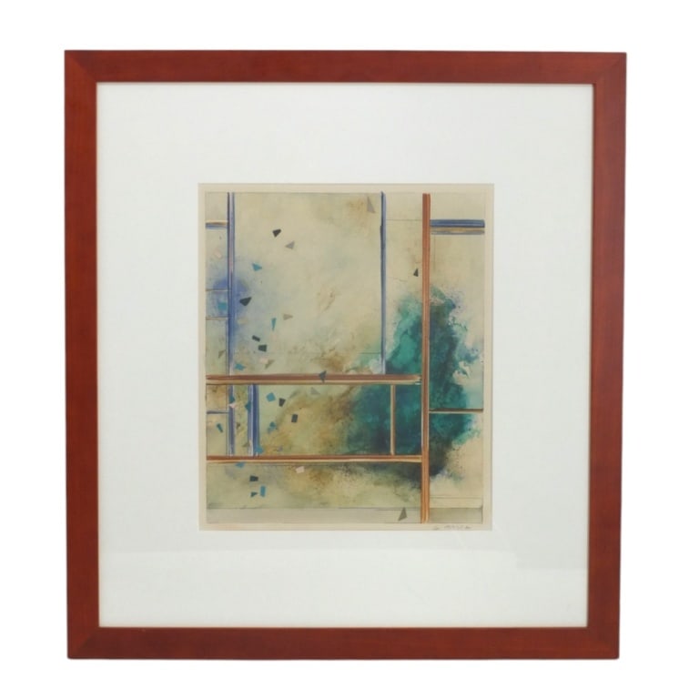 Ginny Herzog Mixed Media on Paper "Architectural": Ginny Herzog, American (20/21st ) Mixed Media on Paper "Architectural Art Composition". Signed lower right. Framed and presented under acrylic screen. Measures 12-1/2" x 10-1/2" (sight). framed 22" x