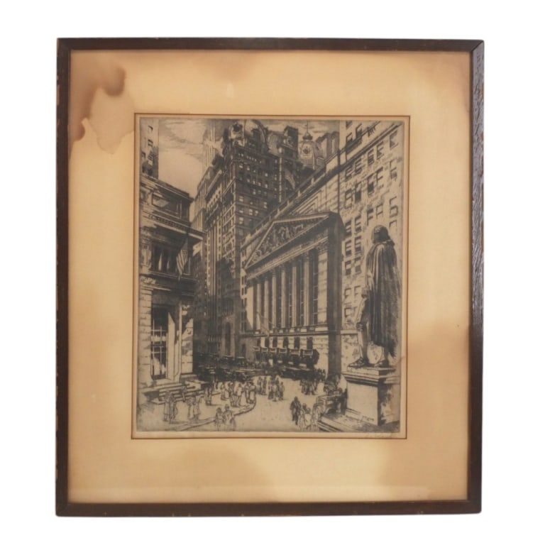 Luigi Kasimir Signed Etching "Wall Street": Luigi Kasimir, Austrian/American (1881-1962) Vintage Etching "Wall Street". Pencil signed lower right. Framed and presented under glass screen. Measures 12" x 10-1/4" (sight), frame measures 18" x 16"