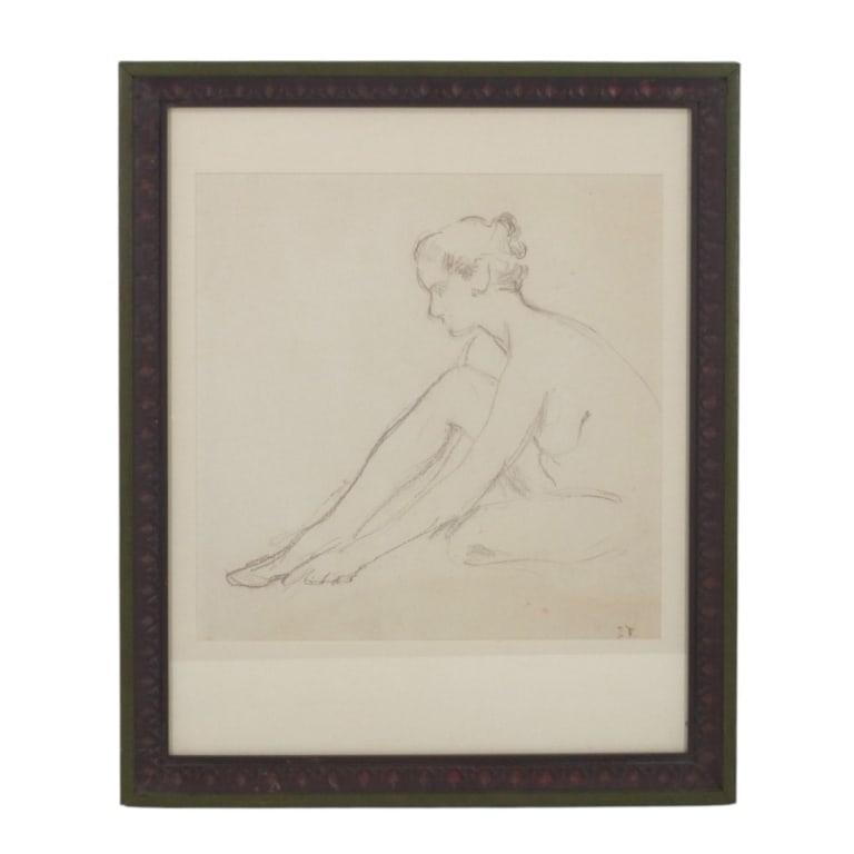 Edmund Charles Tarbell Conte Pencil Sketch: Nude: Possibly Edmund Charles Tarbell, American (1862-1938) Conte Pencil Sketch on paper "Nude". Initialed lower right ET. Framed and presented under glass screen. Measures 12-1/2" x 12-1/4", framed 20" x