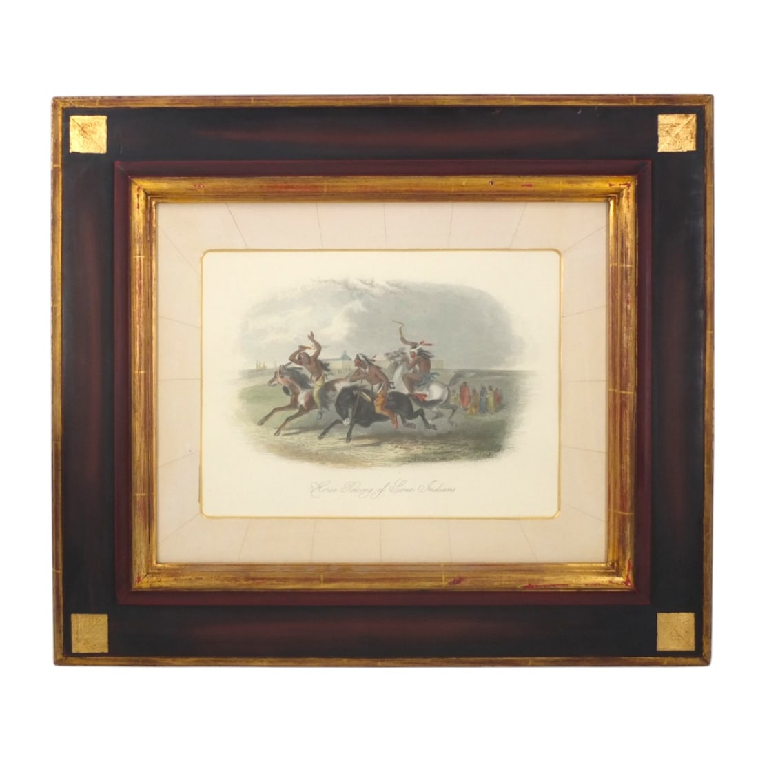 Karl Bodmer Engraving "Horse Racing of the Sioux": After Karl Bodmer, American (1809-1893) Color Engraving "Horse Racing of the Sioux Indians". Unsigned. Gallery label affixed to verso : Becher Carter Fine Art, Atlanta, Ga. Well framed and presented