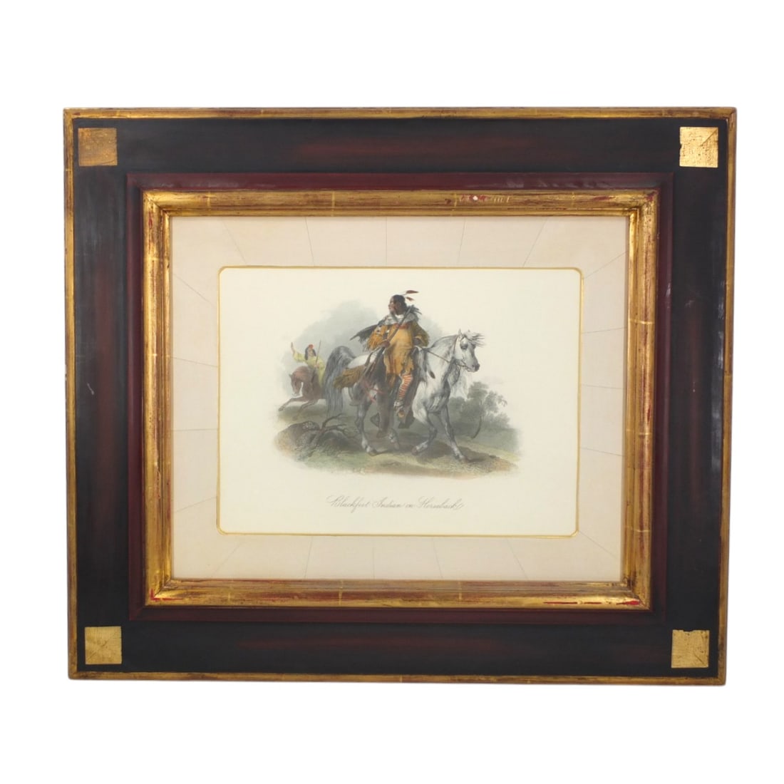 Karl Bodmer Engraving "Blackfoot Indian on Horse": After Karl Bodmer, American (1809-1893) Color Engraving "Blackfoot Indian on Horseback". Unsigned. Gallery label affixed to verso : Becher Carter Fine Art, Atlanta, Ga. Well framed and presented