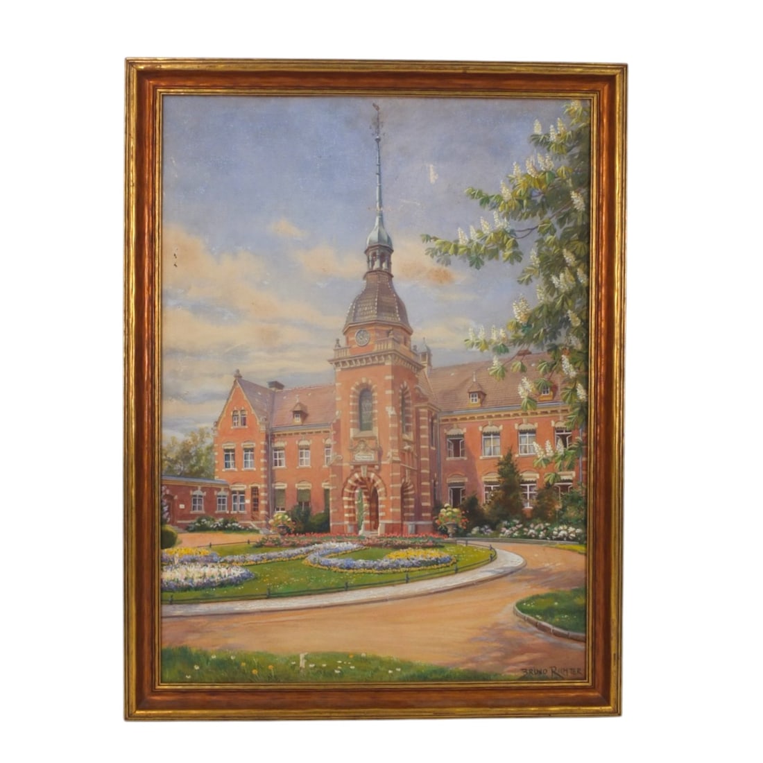 Bruno Richter Watercolor "Stuivenberg Hospital": Bruno Richter (German, 1872-1946) Watercolor on paper "Stuivenberg Hospital, Antwerp". Signed lower right. Presented in frame with no glass. Measures 25" x 18", framed 27-1/2" x 21". Condition: Small