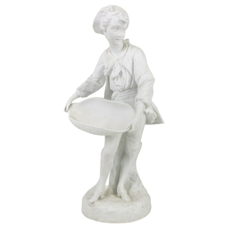 Antique Bisque Porcelain Figure: Antique Hallmarked Bisque Porcelain Figure "Boy with Basket". Blue line with star mark on bottom. Measures 16" H x 7-1/2" W x 6" D. Condition: Good condition. Estimate 100 - 1000 Domestic shipping