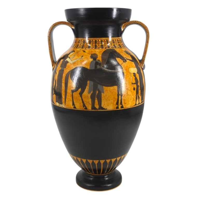 Greek Terracotta Amphora "Ajax & Achilles": Contemporary Hand Painted Greek Terracotta Amphora "Ajax & Achilles". Signed on bottom. Measures 21" H x 12-1/2" W. Condition: Good condition. Estimate 100 - 1000 Domestic shipping Third Party