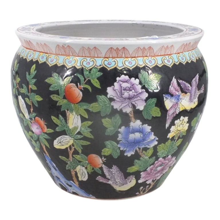 Chinese Famille Noir Porcelain Fish Bowl: Chinese Famille Noir Porcelain Fish Bowl/Jardiniere. Stamped: MADE IN CHINA. Measures 12" H x 14". Condition: Good condition. Estimate 100 - 300 Domestic shipping Third Party