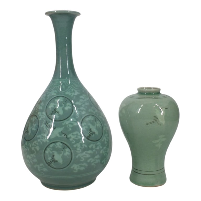 2 Korean Celadon Flying Crane Vases (1 of 7)
