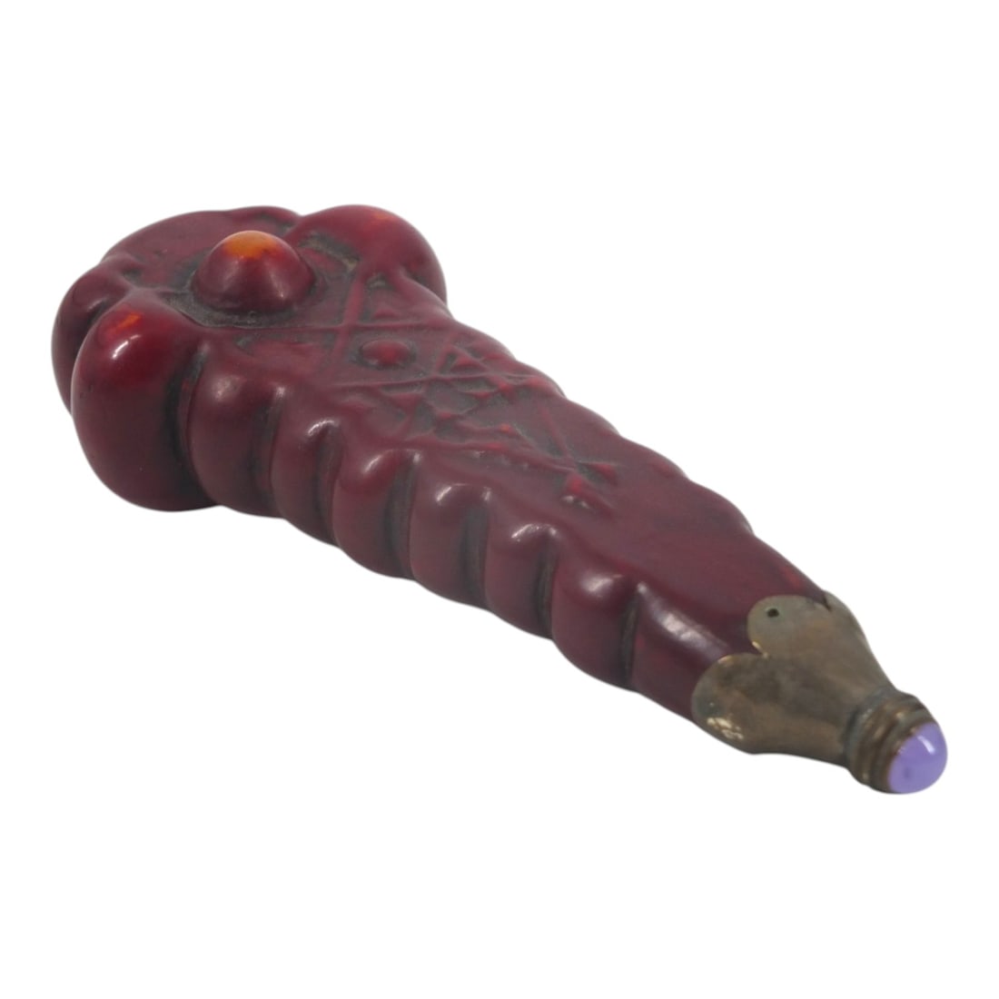 Antique Asian Carved Wood Snuff Bottle: Antique Asian Carved Wood Snuff Bottle. Metal mounts, gemstone cabochon on top. Unsigned. Measures 6-3/4" L. Condition: Wear or in good condition consistent with age and use. Estimate 60 - 120 Domesti