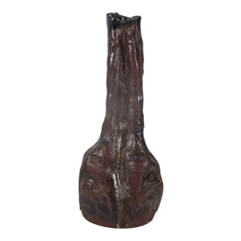 Vintage Brutalist Hand-Made Pottery Vase, Sgd RK: Vintage Brutalist Hand-Made Pottery Vase. Initialed on bottom RK. Measures 13" H. Condition: Good condition. Estimate 60 - 120 Domestic shipping Third Party