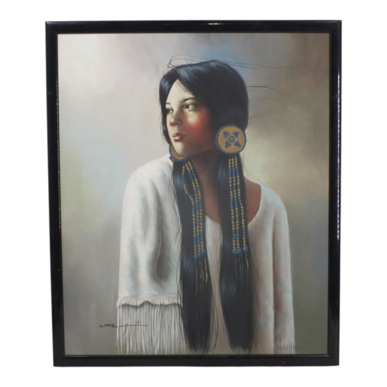 CJ Roman Oil on Canvas "Native American Beauty": CJ Roman (20th C) Oil on Canvas "Native American Beauty". Signed CJ Roman lower left. Measures 24" x 20", framed 25-1/2" x 21-1/2". Condition: Good condition. Estimate 100 - 300 Domestic shipping Thir