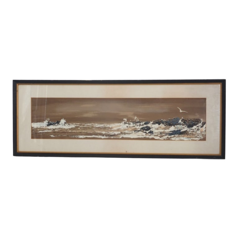 Lyman Hopkins Mixed Media "Seascape": Lyman Hopi Fritz Hopkins, American (1928 - 2002) Mixed Media on Paper "Seascape". Signed lower left. Framed and presented under glass screen. Measures 6-1/2" x 27-1/2" (sight), frame measures 12-1/4"