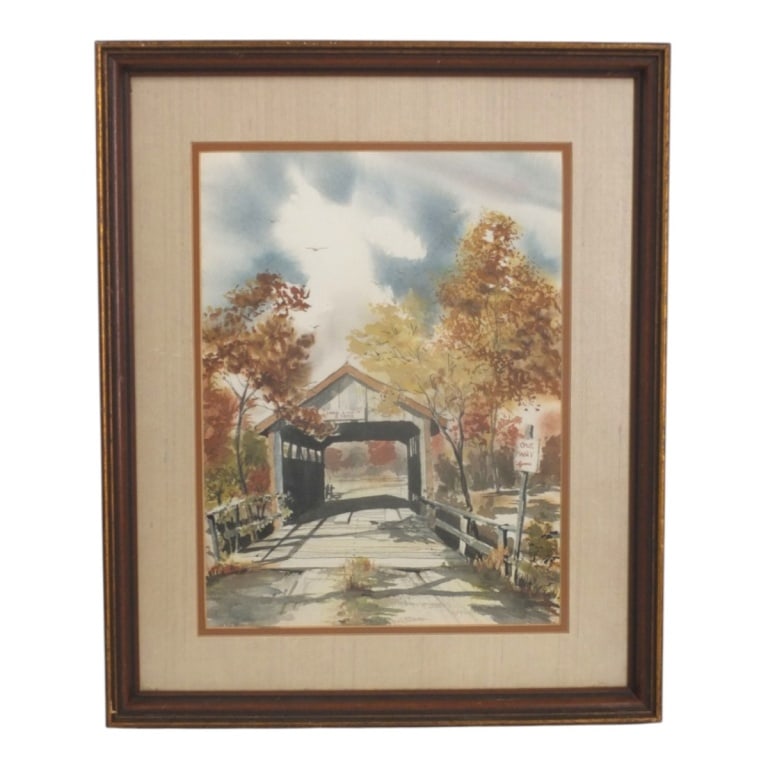 Vintage Watercolor, Covered Bridge Signd FD Hopper (1 of 3)