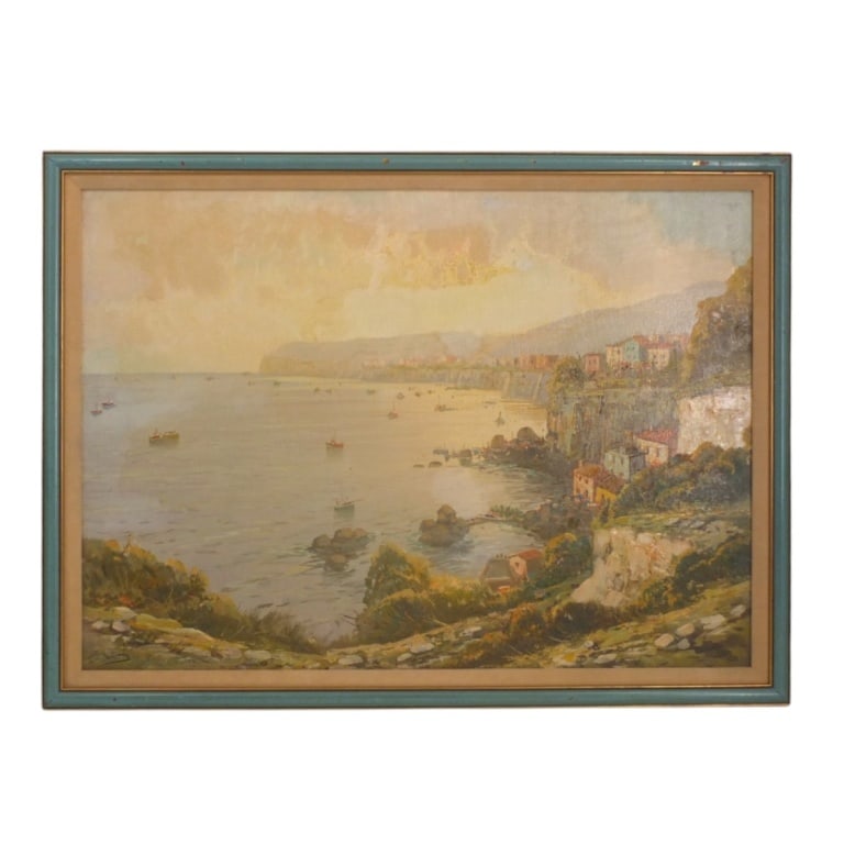 Oil on Canvas Panel "Italian Coast" Signed G Gianni: Oil on Canvas Panel "Italian Coast". Signed lower left: G. Gianni. (possibly Girolamo Gianni, Italian, 1837-1895) Measures 18-1/2" x 26", frame measures 21-1/2" x 29". Condition: Good condition. Estim