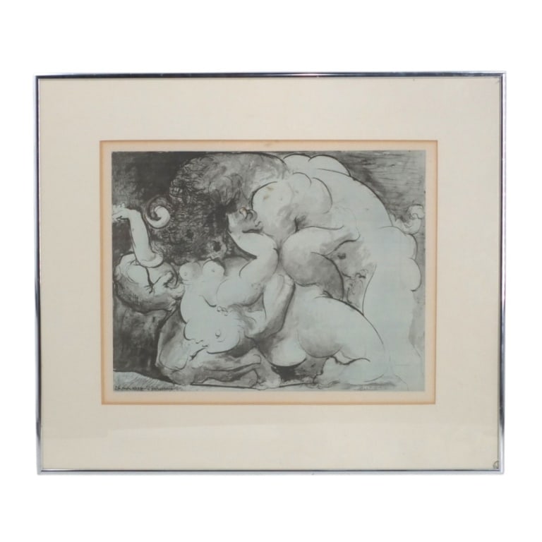 After: Pablo Picasso (1881 - 1973): After: Pablo Picasso, Spanish (1881-1973) "Minotaur" Print. Signed in the plate. Sight measures 12-1/4" x 15-1/2". Frame measures 18-5/8" x 21-3/4". Condition: Toning to the margin. Some cracks to