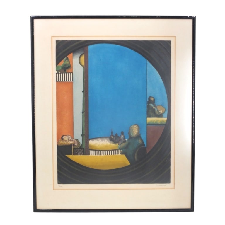 Elie Abrahami, French (b. 1941): Elie Abrahami, French (b. 1941) Etching on paper "Le Miroir" Signed and numbered 18 of 100. Measures 25" x 20". Frame measures 32" x 26-1/2". Condition: Toning to the margins. Estimate 100 - 300