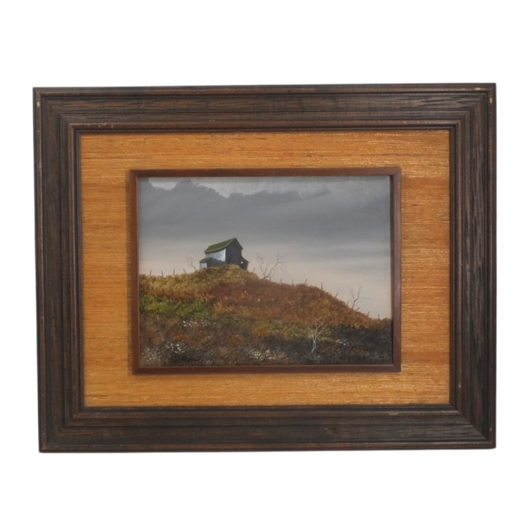 Gary Ampel Oil on Board "Barn on a Hill": Gary Ampel, American (20/21st C) Oil on Board "Barn on a Hill". Signed lower right. Measures 11-3/4" x 15-3/4", frame measures 23" x 29". Condition: Good condition. Estimate 100 - 200 Domestic