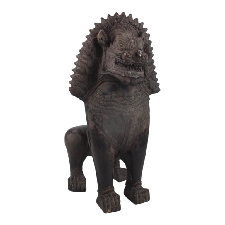 Large Asian Pottery Sculpture: Large Asian Polychrome Pottery Foo Dog Sculpture. Measures 22" x 11-1/2" x 14". Condition: Chip to one of the back feet. Scuffs otherwise good condition. Estimate 150 - 350 Domestic shipping Third