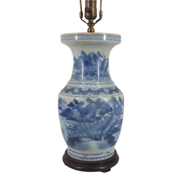 Chinese Blue & White Landscape Rouleau Vase Lamp: Antique Large Chinese Blue & White Porcelain Landscape Rouleau Vase as Lamp. No visible signature. Vase measures 13-1/2" H x 8". As lamp measures 19" to top of socket. Condition: Antique restoration