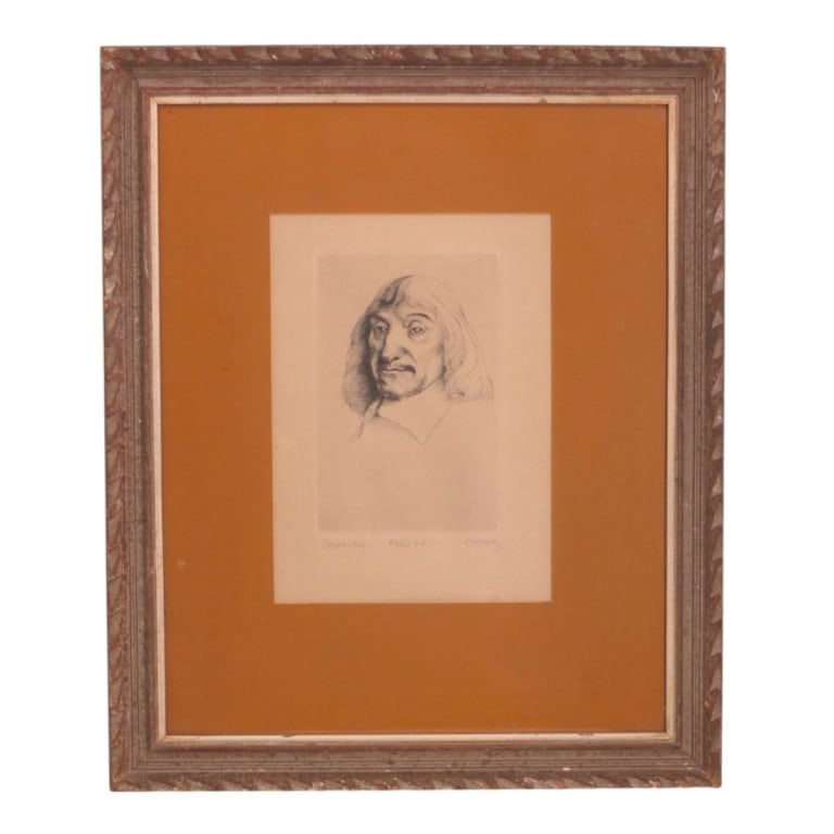 Thomas Cornell Etching "Descartes" 1964: Thomas Cornell (American, 1937-2012) Etching "Descartes" Pencil Signed, titled, dated '64, numbered 82/100. Framed and presented under glass. Measures 12" x 8-1/2", frame measures 23-1/4" x 19-1/4".