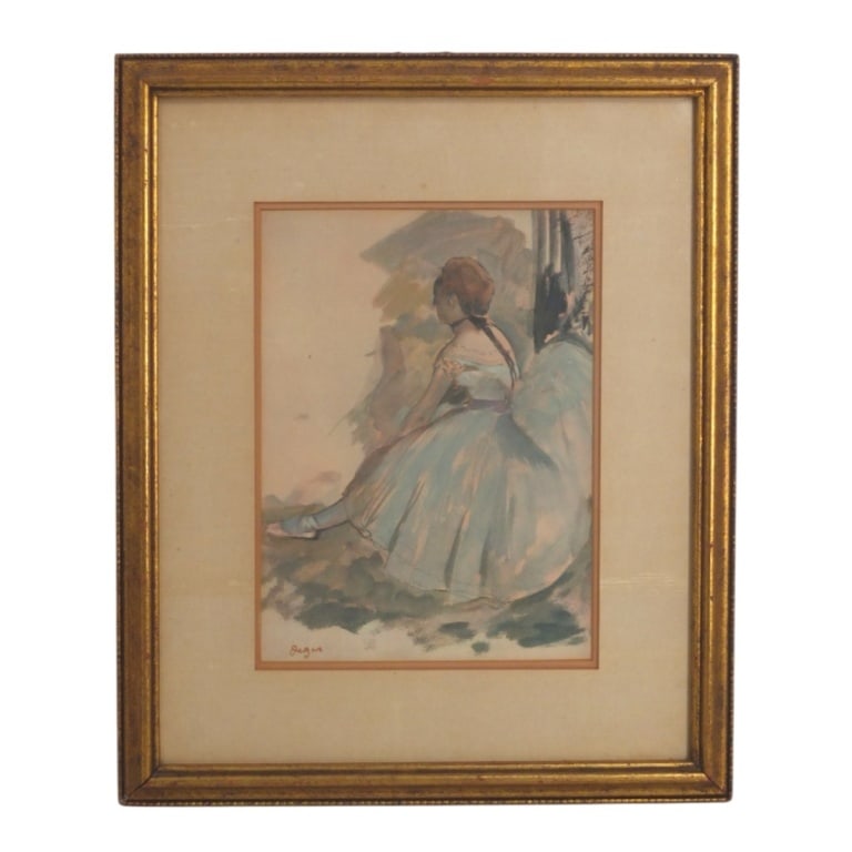 Vintage Degas Ballerina Print: Vintage Degas Ballerina Print. Signed in print. Framed and under glass. Measures 17-1/2" x 14-1/2". Condition: Toning or in good condition. Estimate 40 - 60 Domestic shipping Third Party