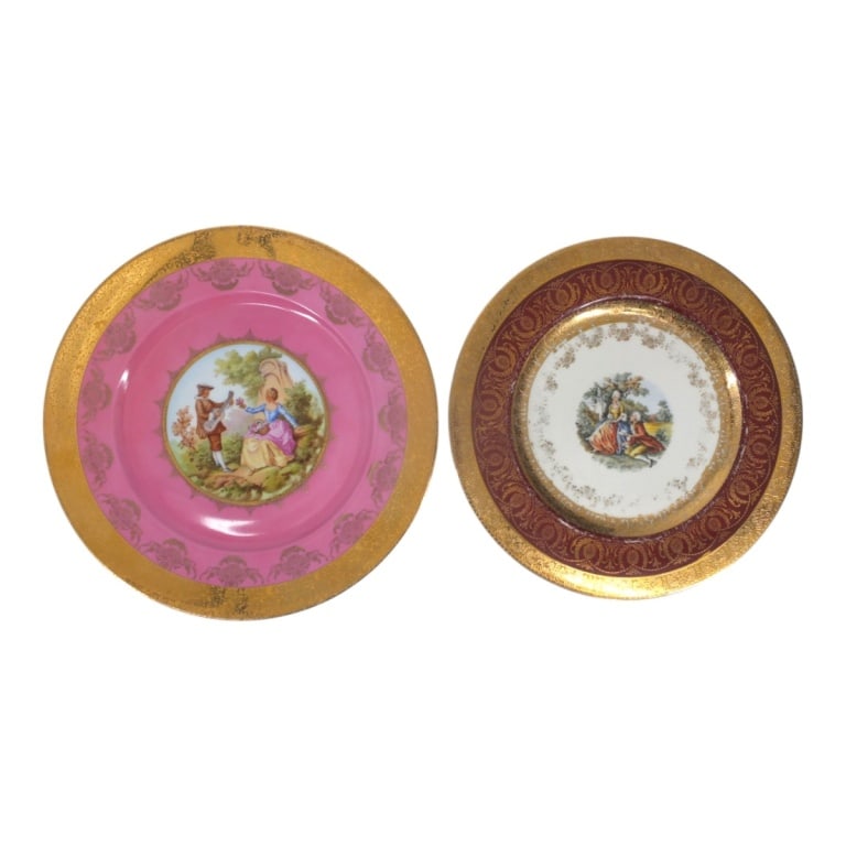 2 Cabinet Plates, Royal Vienna & Another: Two (2) Vintage Transfer-ware Porcelain Cabinet Plates. Royal Vienna, signed with beehive mark, 11"; Whitman & Cohen 22KT decorated, signed, 10-3/4". Condition: Royal Vienna in good condition, the