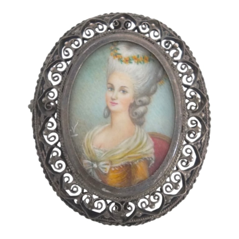 French 800 Silver Hand-Painted Portrait Brooch: Antique Victorian French 800 Silver Hand-Painted Portrait Brooch. Depicts Marie Antoinette. Stamped 800 to verso. Measures 1-3/4" x 1-1/2". Condition: Good condition. Estimate 100 - 300 Domestic