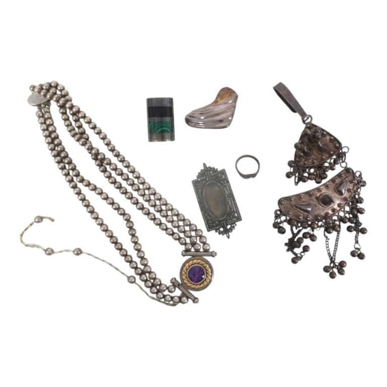 Vintage Silver Scrap Jewelry Lot, 144 grams: Vintage Silver Scrap Jewelry Lot, Includes Mid-East tribal pendant, silver bead necklace, single malachite & onyx earring, miniature ring, marcasite pin, single puffy heart earring. Total weight appro